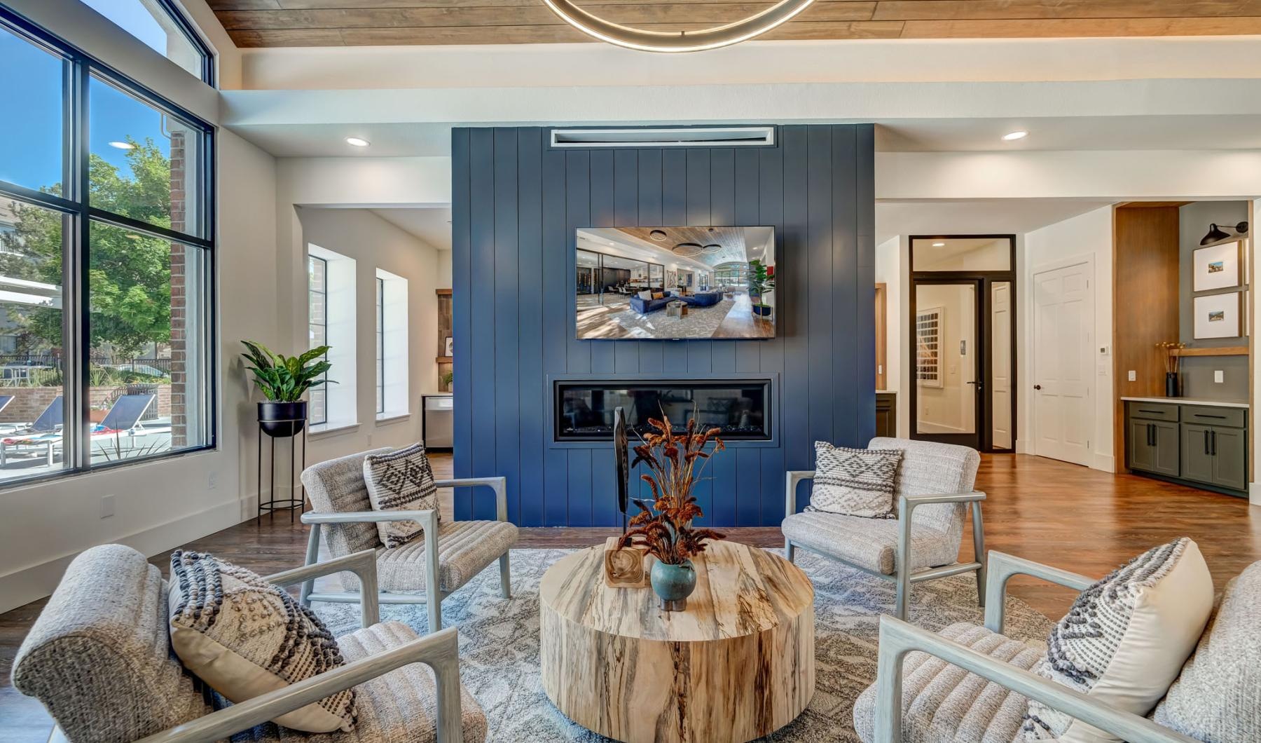 a living room with a fireplace